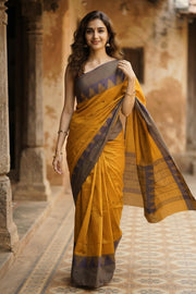 Mustard yellow Handloom Chettinad Cotton Saree 10077352