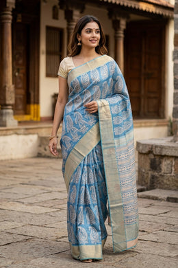 Blue Maheshwari Silk Cotton Saree 10077555