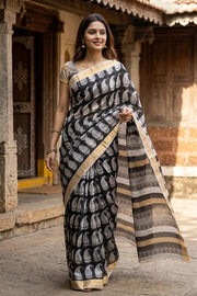 Black Printed Maheshwari Silk Cotton Saree 10077552