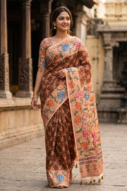 Dark Brown Printed Semi Tussar Silk Saree 10077252