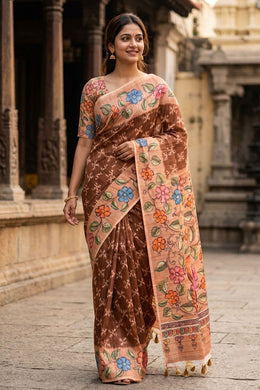Dark Brown Printed Semi Tussar Silk Saree 10077252