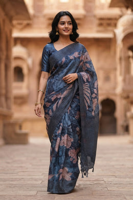 Blue Printed Semi Tussar Silk Saree 10077989