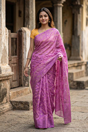 Violet Handloom Jamdani Style Cotton Saree with Blouse 10074213