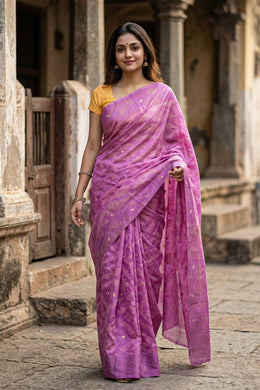 Violet Handloom Jamdani Style Cotton Saree with Blouse 10074213
