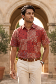 Red Half Sleeve Ajrakh Printed Cotton Mens Shirt 10073060