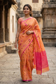 Peach Floral Motifs Chanderi Printed Silk Cotton Saree 10077381