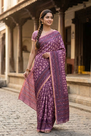 Purple Printed Semi Tussar Silk Saree 10077250