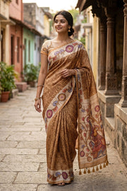 Beige Kalamkari Print Semi Tussar Silk Saree 10077284