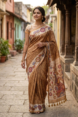 Beige Kalamkari Print Semi Tussar Silk Saree 10077284