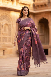 Purple Printed Semi Tussar Silk Saree 10077990
