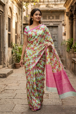 Mist Blue Floral Motifs Chanderi Printed Silk Cotton Saree 10077376