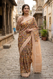 Beige Maheshwari Silk Cotton Saree 10077564