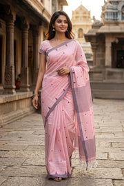 Baby Pink Bengal Handwoven Cotton Saree 10077705
