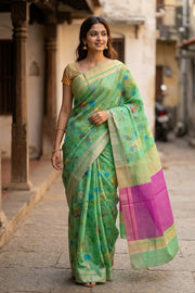 Green Bird Motifs Chanderi Printed Silk Cotton Saree 10077370