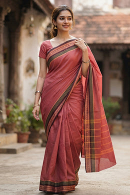 Rust Brown Handloom Chettinad Cotton Saree 10077293