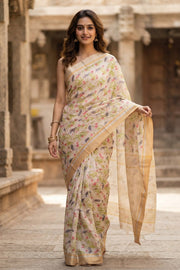 Beige Chanderi Printed Silk Cotton Saree 10077373