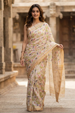 Beige Chanderi Printed Silk Cotton Saree 10077373