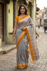 Grey Bengal Handwoven Cotton Saree 10077700