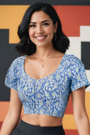 Blue Hand Block Printed Cotton Blouse 10073306