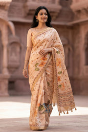 Beige Printed Semi Tussar Silk Saree with Floral Motifs 10077983