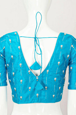 Blue Aari Embroidered Raw Silk Blouse 10066507