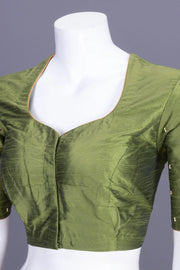 Olive Green Aari Embroidered Tussar Silk Blouse 10070439