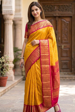 Soft Yellow Handloom Gadwal Kuttu Linen Saree With Silk Zari Border 10077066