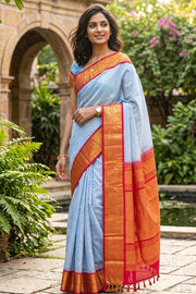 Ice Blue Handloom Gadwal Kuttu Linen Saree With Silk Zari Border 10077067
