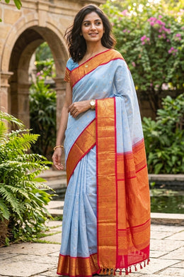 Ice Blue Handloom Gadwal Kuttu Linen Saree With Silk Zari Border 10077067