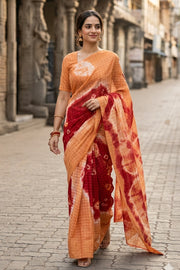Red Handcrafted Sungudi Cotton Saree 10077102