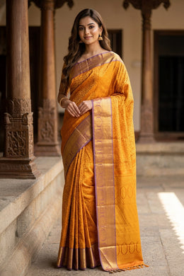 Golden Orange Kanjivaram Pure Silk Saree 10077169