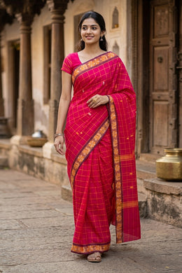Dark Pink Handloom Chettinad Cotton Saree 10077320