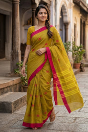 Lime Yellow Handloom Chettinad Cotton Saree 10077331