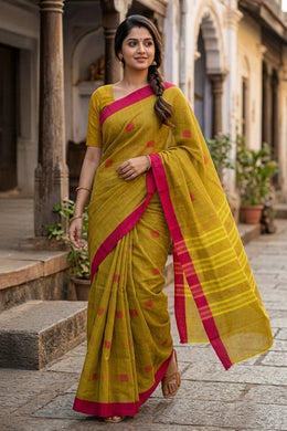 Lime Yellow Handloom Chettinad Cotton Saree 10077331