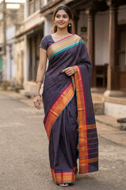 Navy Blue Handloom Chettinad Cotton Saree 10077301