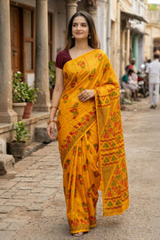 Yellow Handcrafted Sungudi Cotton Saree 10077125