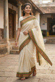 Light Grey Handloom Chettinad Cotton Saree With Temple Border 10077297