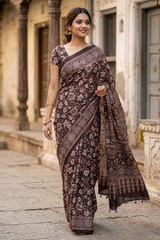 Black Ajrakh Printed Mulmul Cotton Saree 10077401