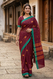 Maroon Handloom Chettinad Cotton Saree 10077332