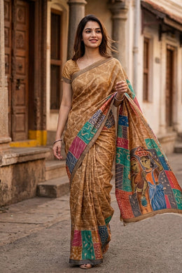 Brown Printed Semi Tussar Silk Saree With Tribal Motifs 10076270