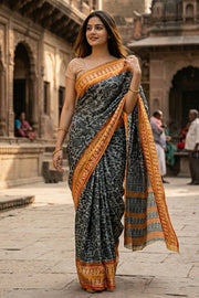 Dark Grey Printed Semi Tussar Silk Saree 10077231