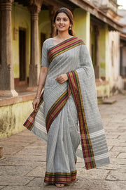 Dusty Grey Handloom Chettinad Cotton Saree With Temple Border 10077300