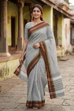 Dusty Grey Handloom Chettinad Cotton Saree With Temple Border 10077300