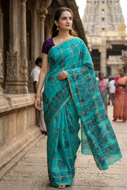 Aqua Blue Handcrafted Sungudi Cotton Saree 10077126