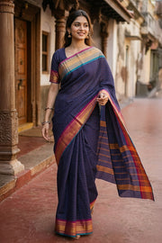 Deep Blue Handloom Chettinad Cotton Saree 10077302