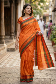 Orange Handloom Chettinad Cotton Saree 10077338