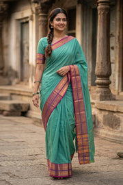 Teal Blue Handloom Chettinad Cotton Saree 10077350