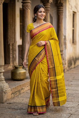 Sunflower Yellow Handloom Chettinad Cotton Saree 10077306