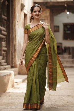 Leaf Green Handloom Chettinad Cotton Saree 10077341