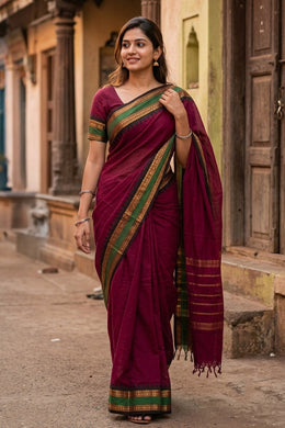 Burgundy Handloom Chettinad Cotton Saree 10077336